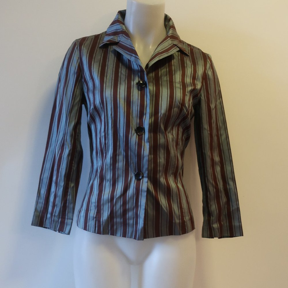 WOMENS ALBERTO BIANI BLUE BROWN STRIPED SILK BLOUSE TOP 44 US/M *